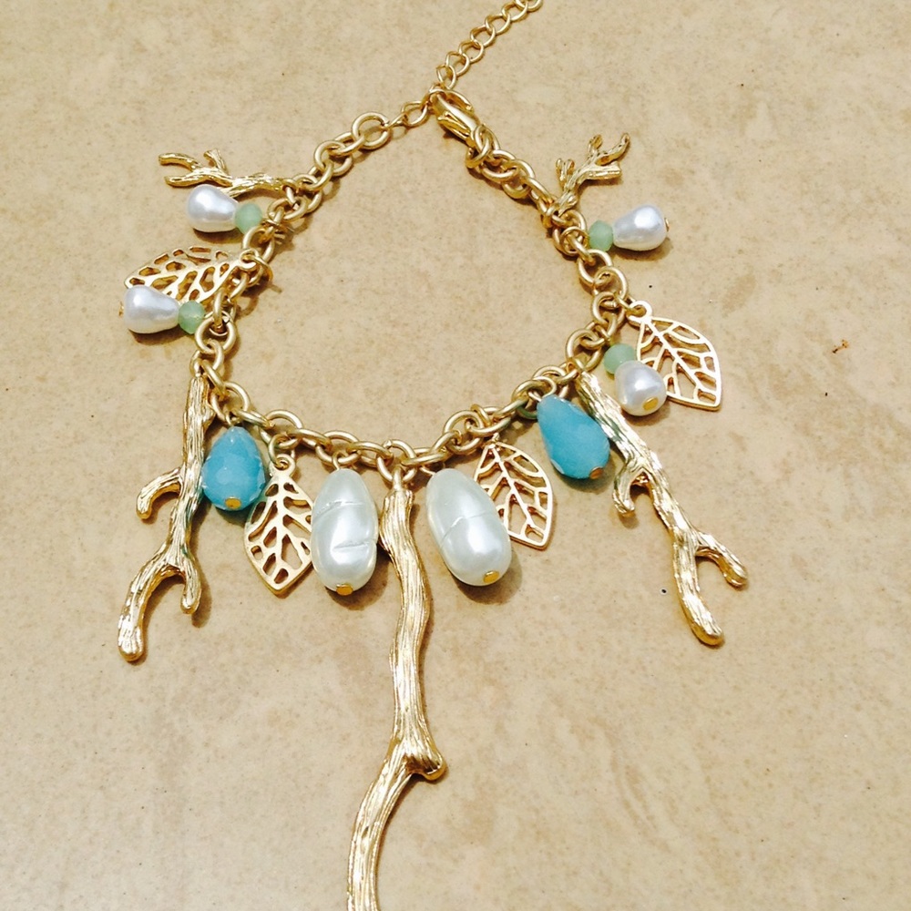 Gold Tone Faux Pearl Leaf Branch Charm Bracelet